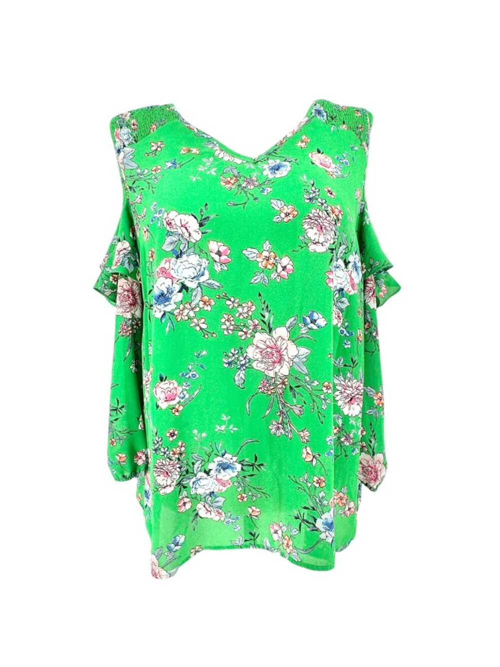 Womens 2X Cold Shoulder Blouse Green Floral Polyester Long Sleeves by Roz & Ali
